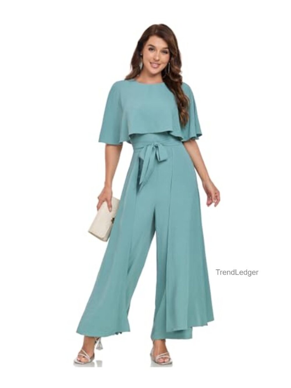 Women's Dressy Jumpsuit Cape Sleeve Belted Wide Leg One-Piece Outfit